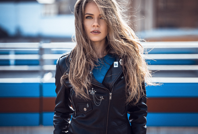 women, blonde, portrait, leather jackets, depth of field