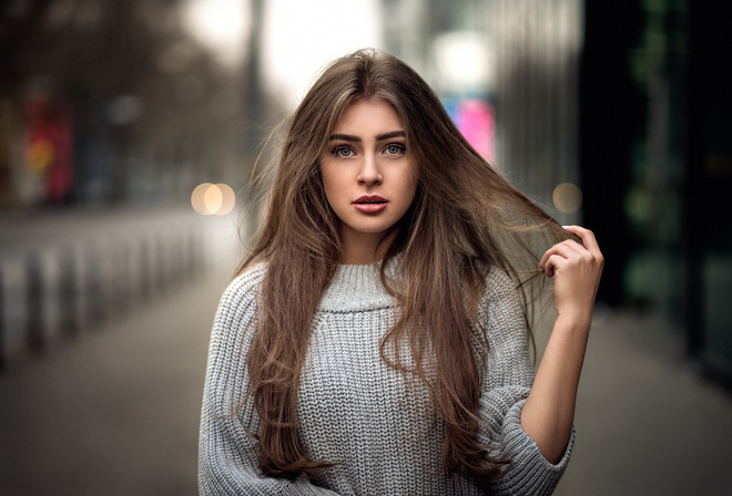 women, portrait, depth of field, Martin Kuhn, gray eyes, women outdoors