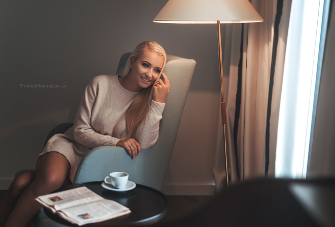 women, blonde, sitting, lamp, smiling, looking away, portrait