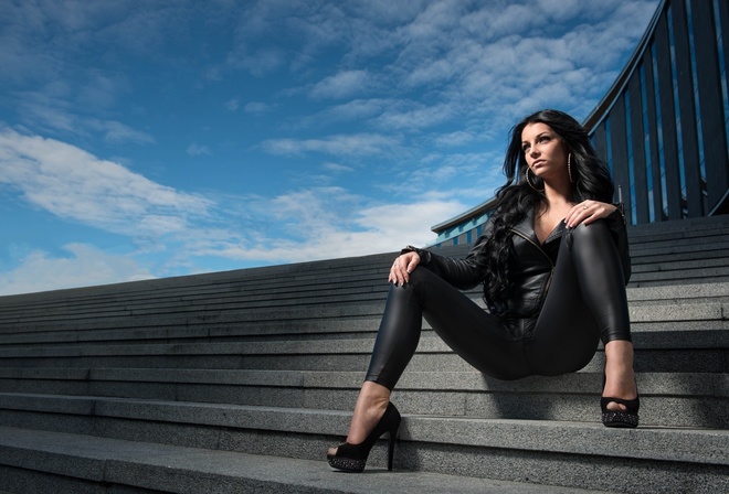 ladder, sitting, girl, high heels, brunette, joakim oscarsson, the city, model, feet