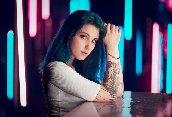 women, dyed hair, tattoo, face, portrait, pierced nose, piercing