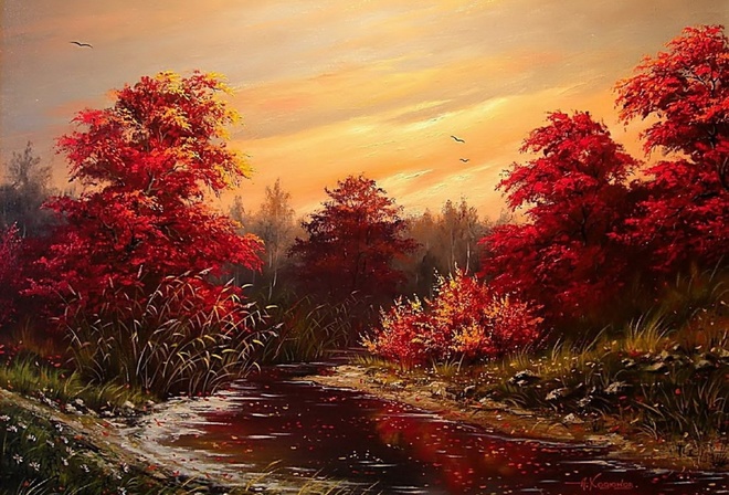 picture, Khodukov, paint, trees, shore, painting, Wallpaper, birds, foliage, river, water, the sky, autumn, landscape