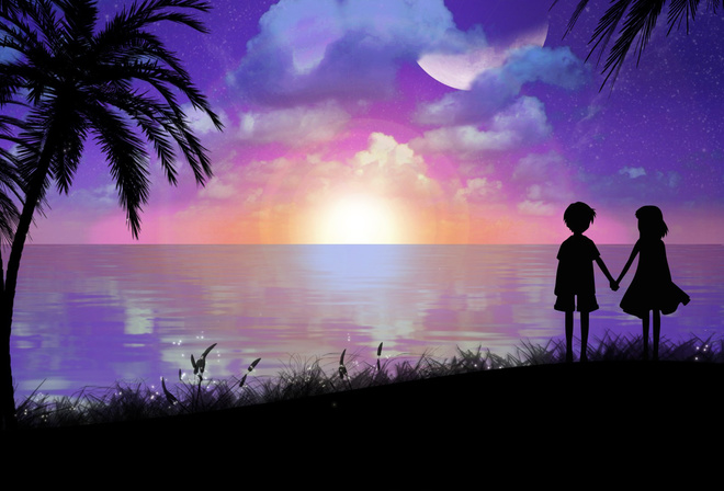 girl, palm trees, boy, art, toyboj, shore, sea, silhouettes, the evening, landscape