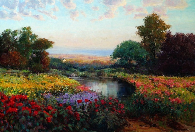 flowers, picture, oil, art, trees, lake, Eric Wallis, meadow, the sky, landscape
