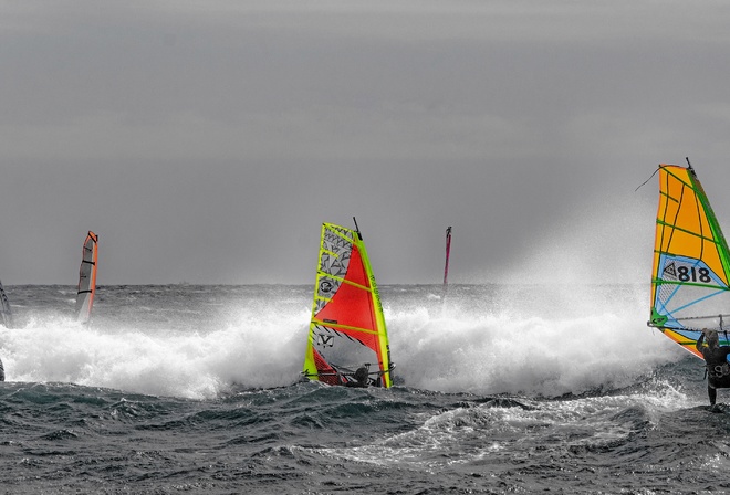 sail, the wind, regatta, Board, wave, Windsurfing, sea