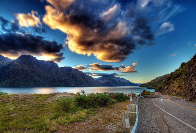 earth, clouds, mountains, nature, road, lake, water, greens, clouds, the sky, grass, river, landscape