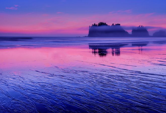 reflection, shore, Washington, pink, the evening, water, blue, clouds, the sky, rocks, sunset, The Pacific ocean, USA