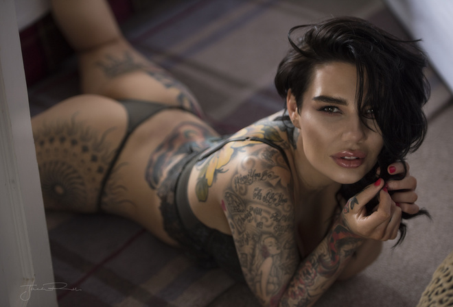 women, Jack Russell, ass, tattoo, red nails, tanned, lying on front, lingerie, pink lipstick