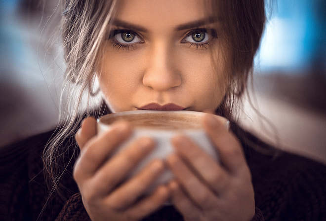 women, face, portrait, cup, closeup, depth of field