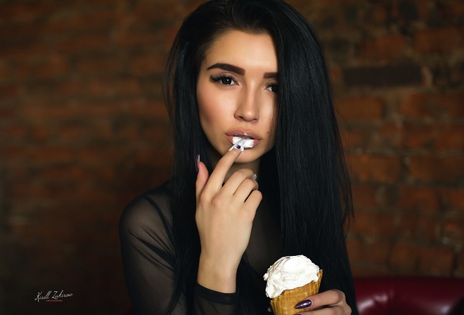 women, face, portrait, wall, bricks, finger on lips, ice cream, black hair