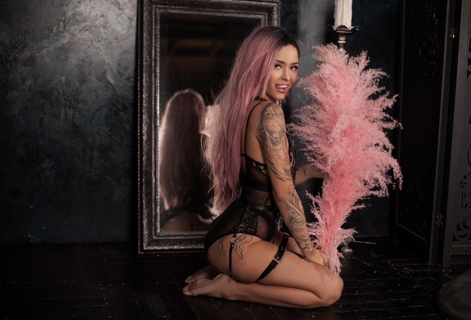 women, pink hair, tanned, mirror, reflection, dyed hair, tattoo, ass, on the floor, kneeling, smiling, black lingerie, tongues, lip ring