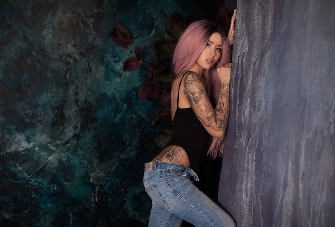 women, tanned, pink hair, dyed hair, tattoo, monokinis, long hair, jeans, lip ring, pink lipstick