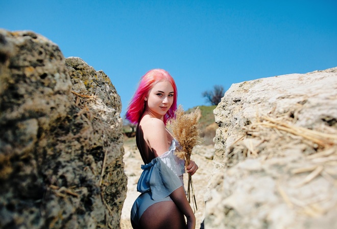 women, pink hair, women outdoors, dyed hair, smiling, ass, white panties, rocks, portrait