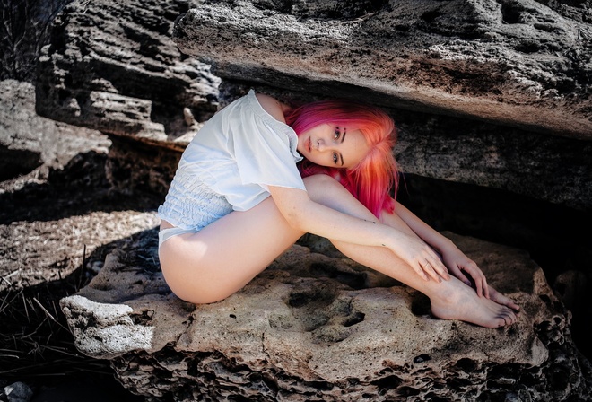 women, pink hair, women outdoors, dyed hair, tattoo, sitting, white panties, rocks