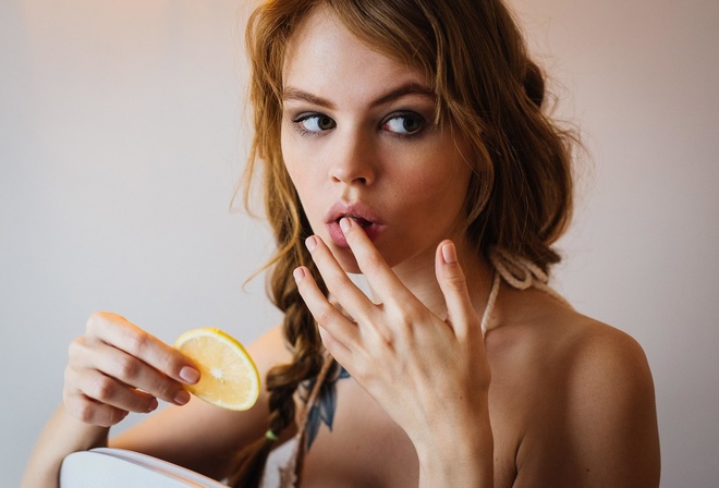 Anastasia Scheglova, women, blonde, pigtails, brunette, white stockings, lemons, chair, face, portrait, finger on lips, tattoo, pink nails