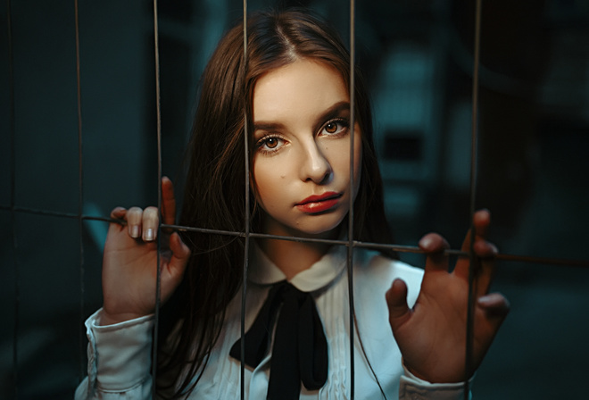 women, Damian Piorko, face, portrait, brown eyes, red lipstick