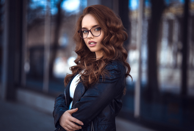 women, portrait, pink lipstick, leather jackets, women with glasses