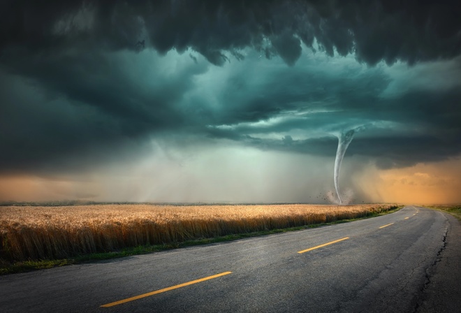 tornado, field, tornado, clouds, road