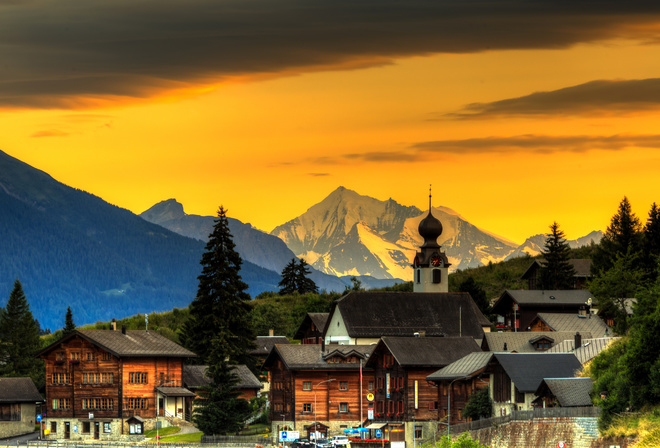 Switzerland, mountains, glow, Blitzingen, house, trees, Goms, sky, forest