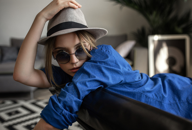 Ksenia Kokoreva, women, hat, sunglasses, blonde, portrait, blue shirt