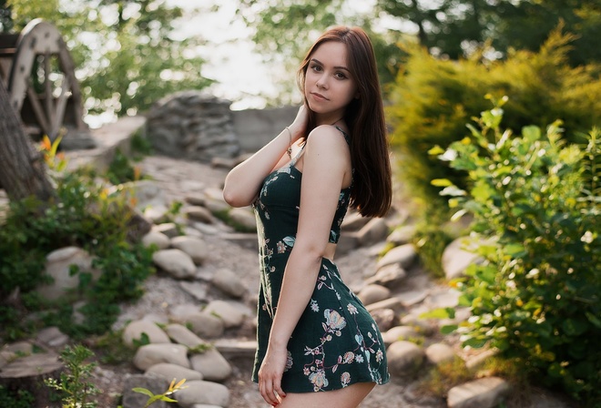 women, portrait, dress, women outdoors, brunette, red nails, ass, depth of field, stones