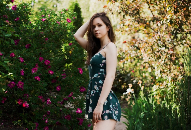 women, portrait, dress, women outdoors, brunette, red nails, depth of field, flowers