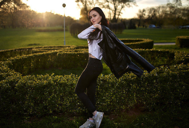 women, jeans, sneakers, Nike, smiling, leather jackets, trees, women outdoors, sunset