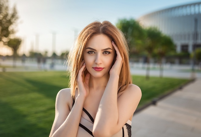 women, blonde, dress, red lipstick, women outdoors, portrait, depth of field