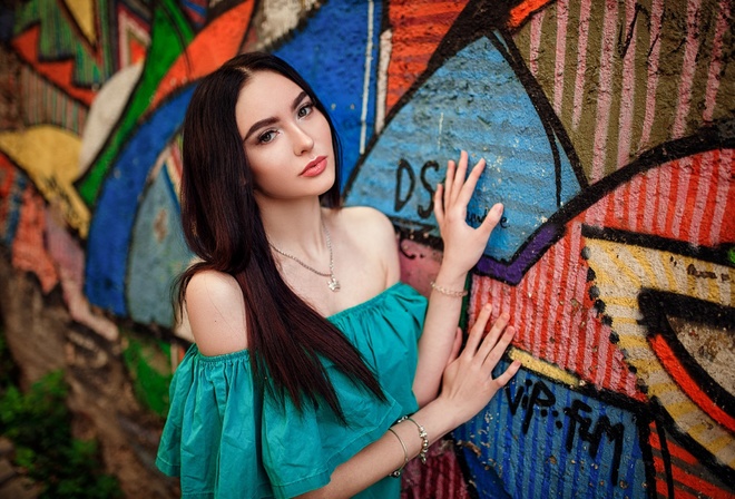 women, portrait, bare shoulders, necklace, wall