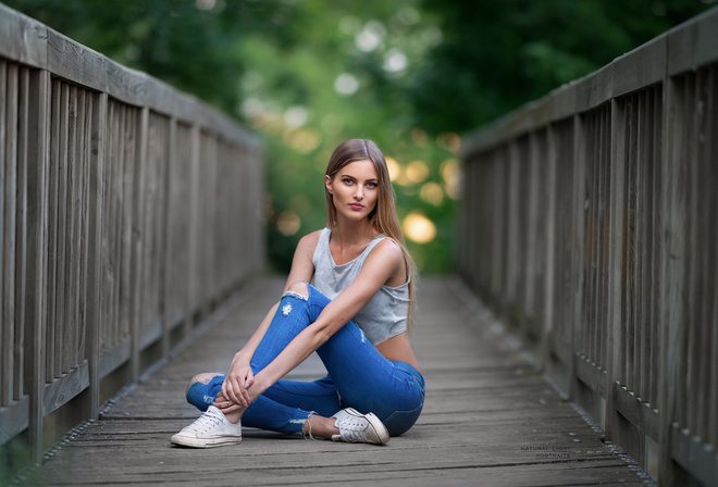 women, blonde, sneakers, pink lipstick, sitting, brunette, torn jeans, bridge, portrait