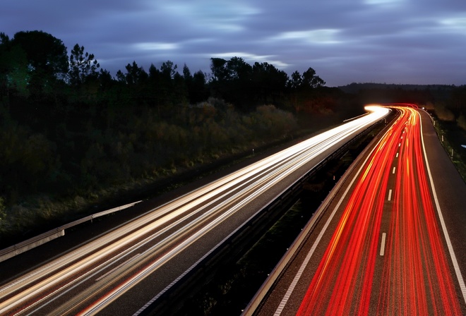 night, road, lights