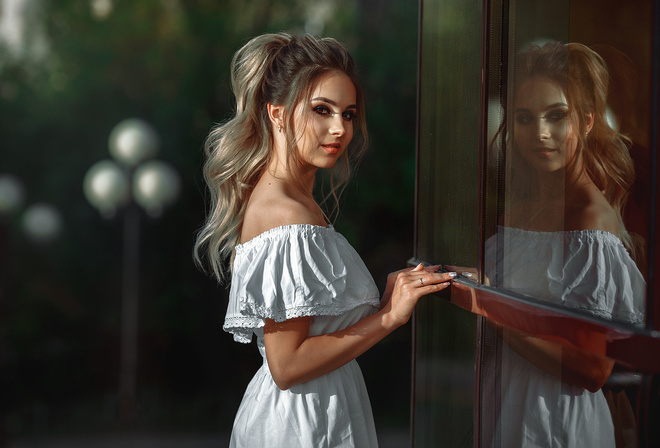 women, blonde, smiling, portrait, glass, reflection, white dress, bare shoulders