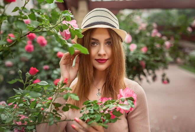 women, portrait, hat, Kristina Kardava, smiling, women outdoors, necklace, depth of field