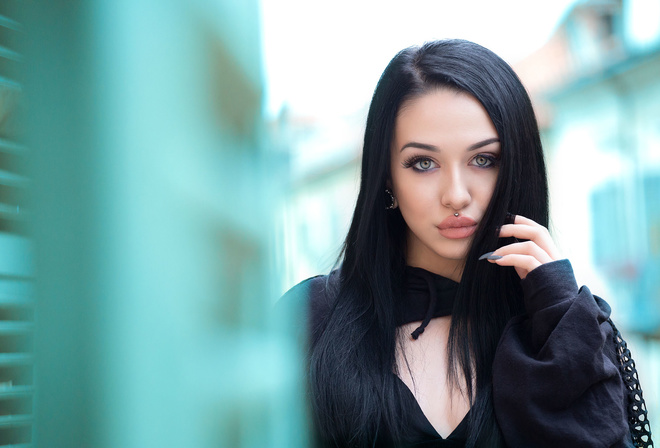 women, face, portrait, piercing, painted nails, depth of field, black hair