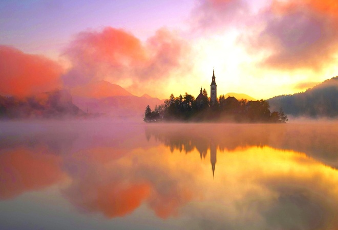 beauty, island, nature, fog, heat, lake, water, tower, Lake Bled, orange