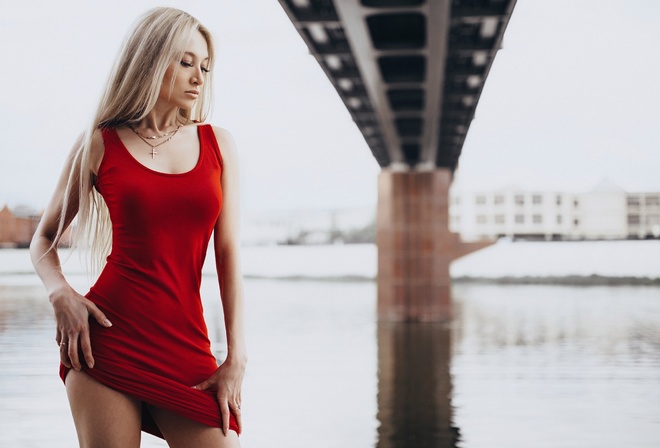 women, blonde, portrait, necklace, river, bridge, long hair, women outdoors