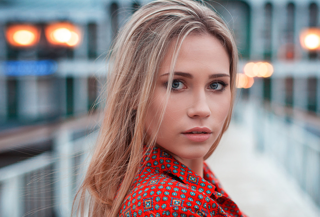 women, blonde, face, portrait, depth of field, pink lipstick