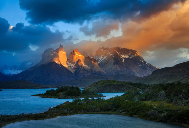 Chile, light, mountains, Patagonia, South America, lake, clouds, the sky, Andes