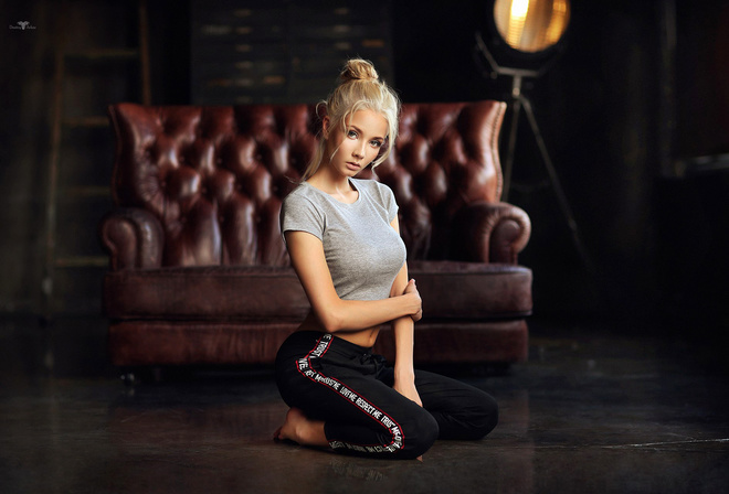 women, Dmitry Arhar, blonde, portrait, kneeling, couch, on the floor, belly