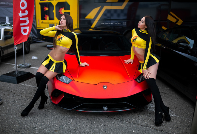 women, Lamborghini, belly, tanned, black stockings, long hair, ribs, miniskirt, two women, women with cars, high heels, pink nails, ass