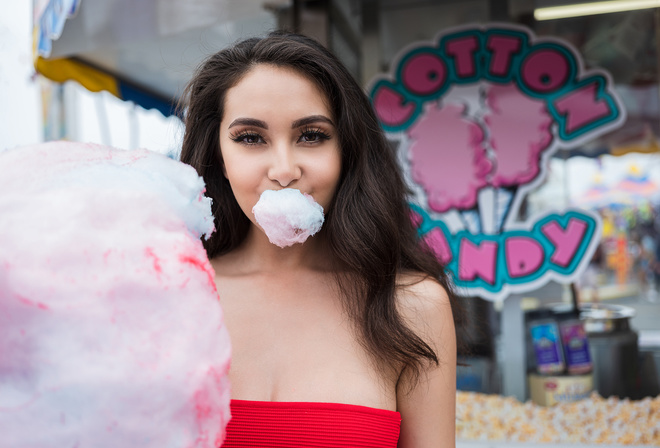 women, portrait, cotton candy, face, brunette, bare shoulders, smiling, popcorn, fair