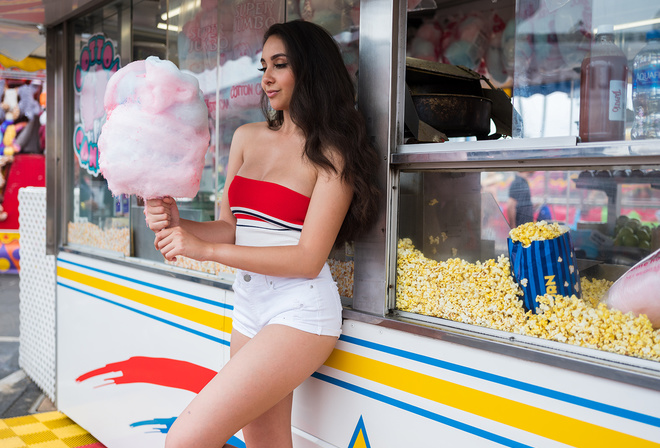 women, portrait, cotton candy, jean shorts, brunette, bare shoulders, fair