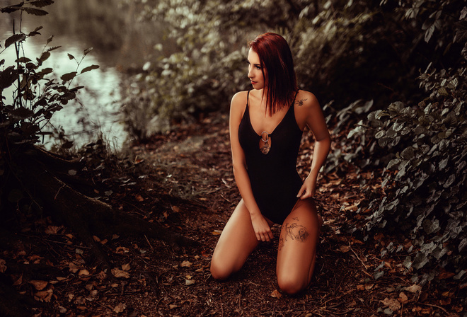 women, river, tanned, tattoo, kneeling, one-piece swimsuit, leaves, redhead