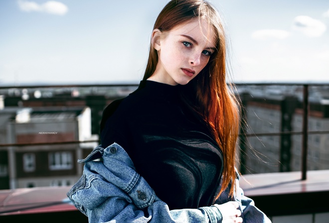 women, face, portrait, denim shirt, freckles, rooftops, women outdoors, depth of field