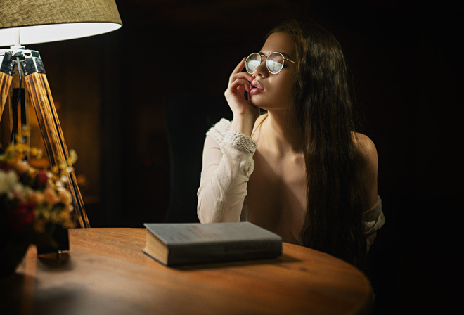 women, Sergey Fat, table, lamp, books, women with glasses, portrait, pink lipstick, long hair