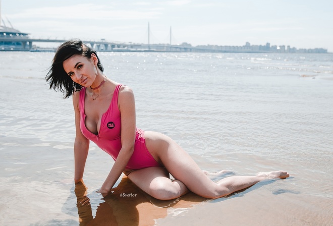 women, beach, one-piece swimsuit, portrait, sand, women outdoors, short hair, Timur Svetlov, sea, sitting