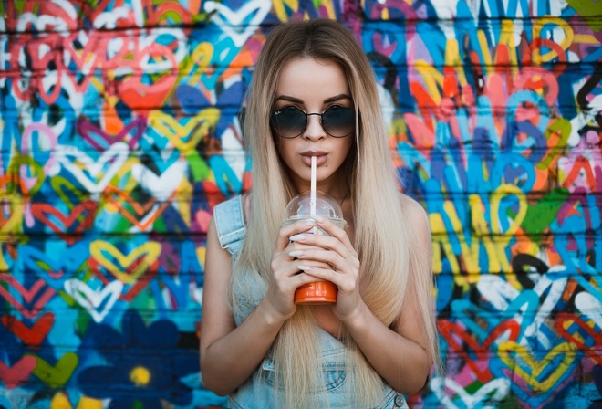 women, face, blonde, overalls, wall, graffiti, sunglasses, portrait, long hair