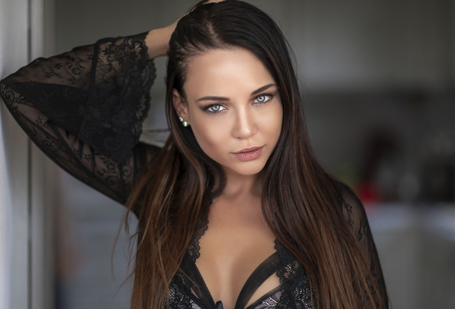 women, Angelina Petrova, portrait, black lingerie