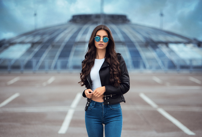 women, sunglasses, jeans, portrait, leather jackets, long hair, women outdoors, the gap, belly