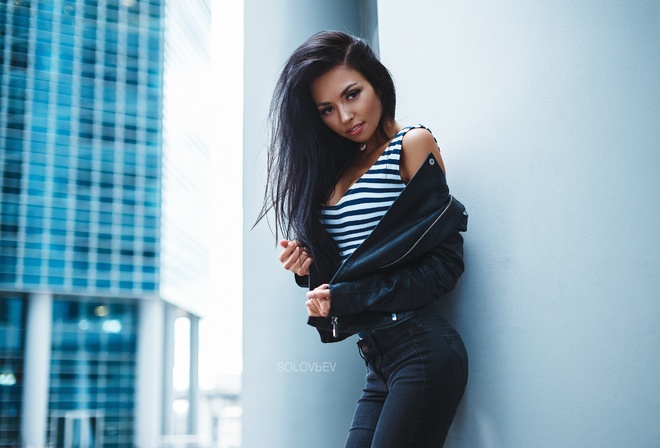 women, Artem Solovev, Katya Meshchankina, tanned, portrait, jeans, smiling, leather jackets, one-piece swimsuit